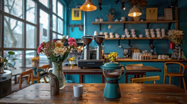 Photo coffee shop background cup of coffee on table in cafe high quality ai generated image