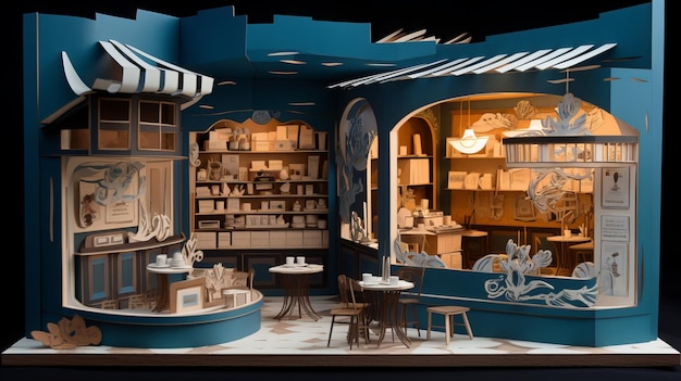 Coffee Shop in Blue Elegant Paper Art