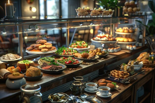 Coffee Shop Buffet Spread with Various Coffee Items