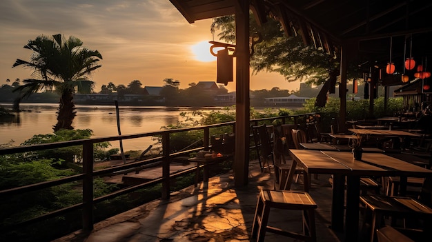 Coffee shop by Ayutthaya river morning refreshing comfort