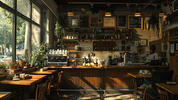 Coffee Shop Charm Woman Barista Serving Fresh Aroma at Sunset