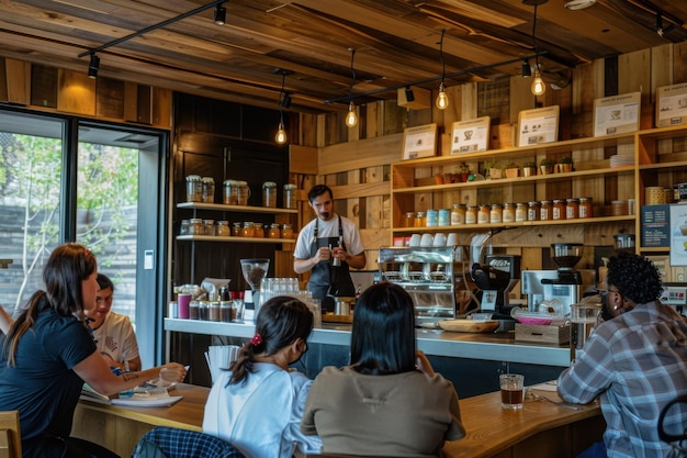 Coffee Shop Gathering Barista Prepares Drinks for Customers