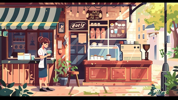 Coffee Shop Illustration Barista Serving a Customer in a Sunny European City