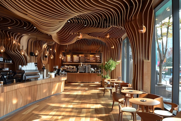 Coffee shop interior in downtown Complex contour wood furniture natural light