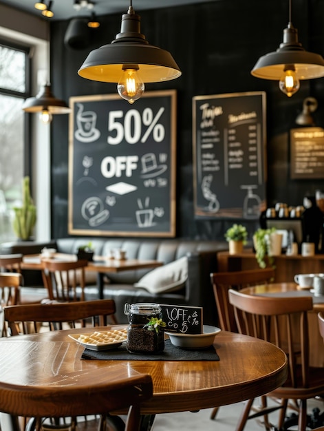 Photo a coffee shop interior with a chalkboard menu featuring a special offer highlighted