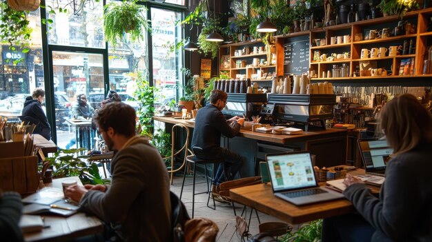 Photo coffee shop interior with people working on laptops