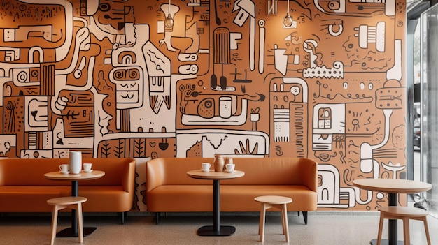 Coffee shop interior with a striking mural on one of the walls Generative AI