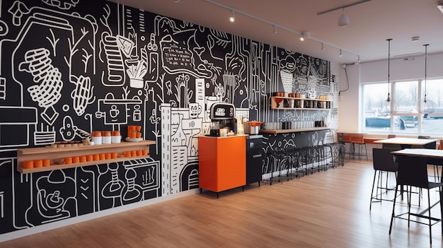 Coffee shop interior with a striking mural on one of the walls Generative AI