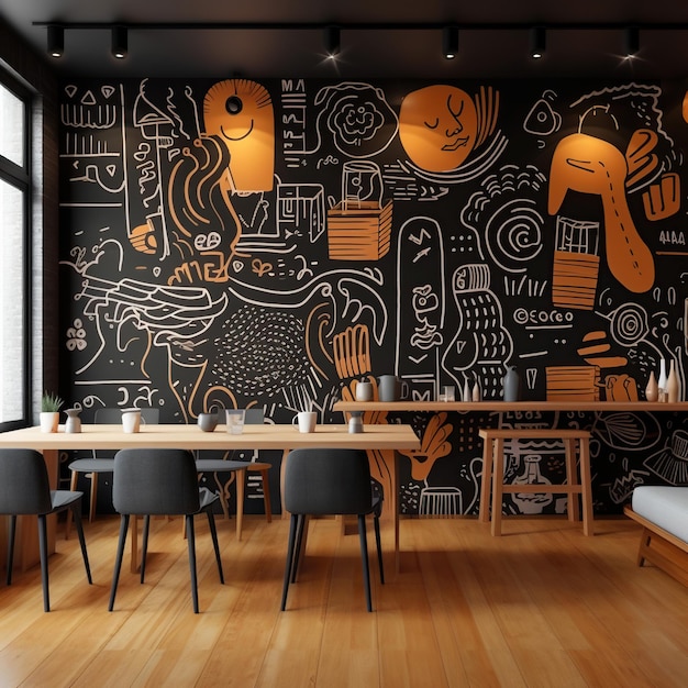 Coffee shop interior with a striking mural on one of the walls Generative AI