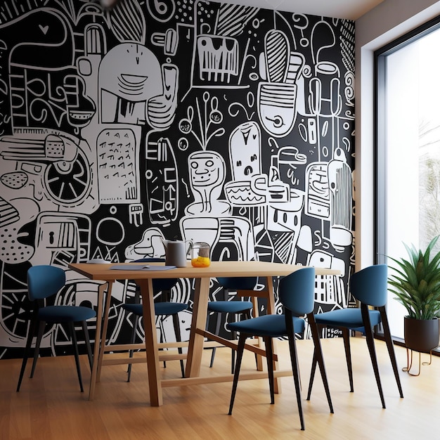 Coffee shop interior with a striking mural on one of the walls Generative AI