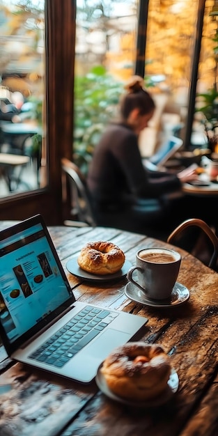 Photo coffee shop scene with pastries and laptops