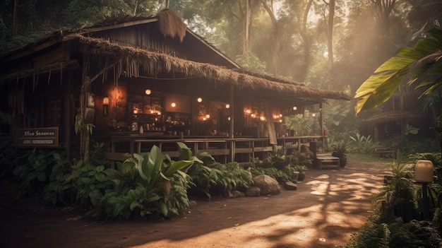 Coffee shop or village in the jungle forest