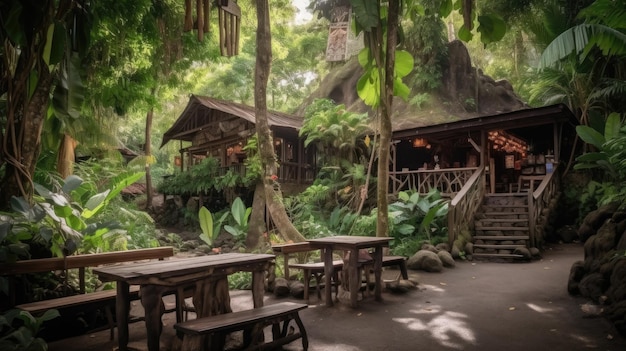 Coffee shop or village in the jungle forest