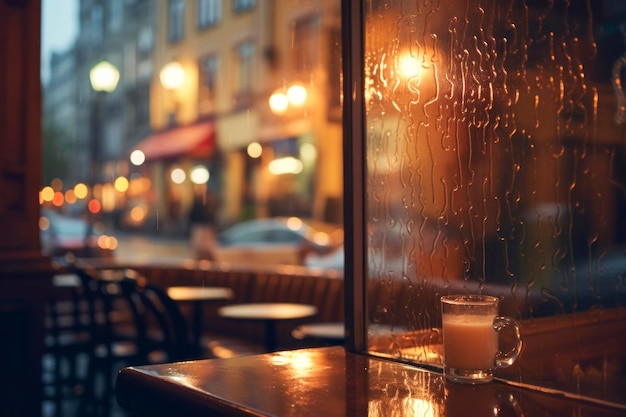 A coffee shop window with raindrops and a warm glow inside