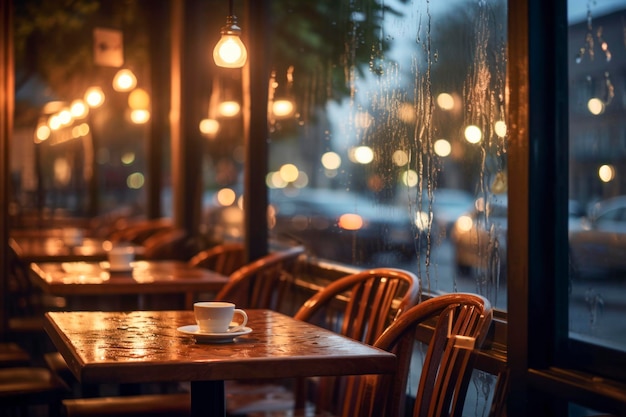 A coffee shop window with raindrops and a warm glow inside