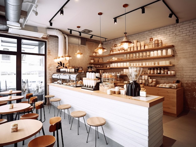 A coffee shop with a bar and stools and shelves full of coffee.