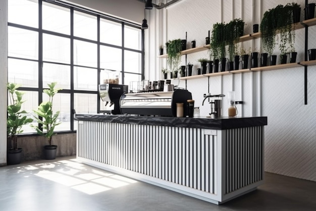 A coffee shop with a black coffee machine and plants on the wall.