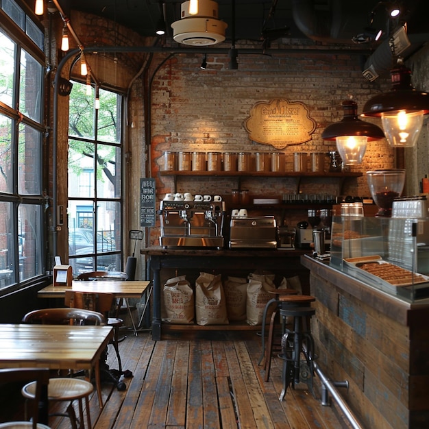 a coffee shop with a brick wall and a sign that sayscoffeeon it