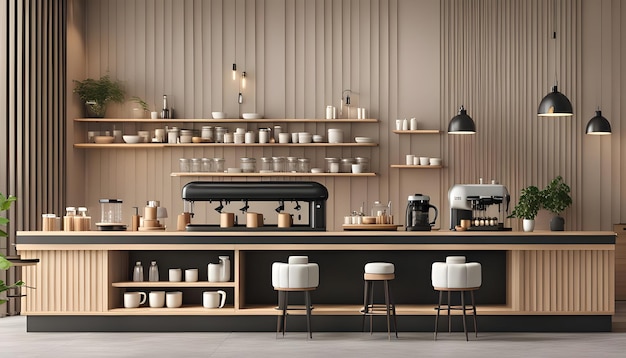 a coffee shop with a coffee maker and a coffee maker on the shelf