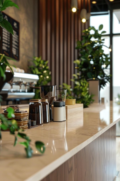 Photo a coffee shop with a counter top that has a variety of coffee cups