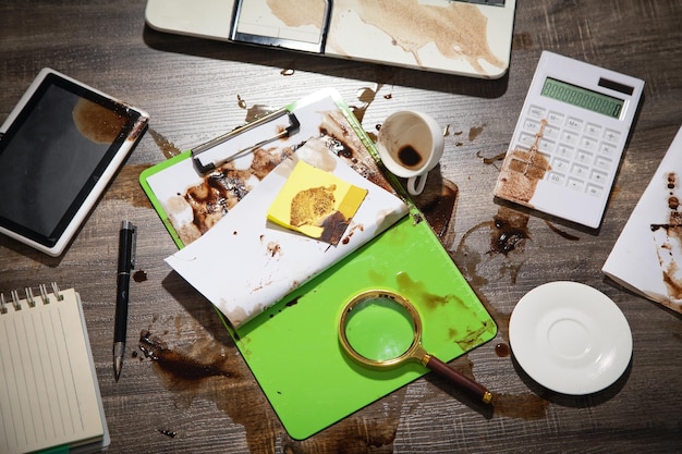 Coffee spilled over document and business objects