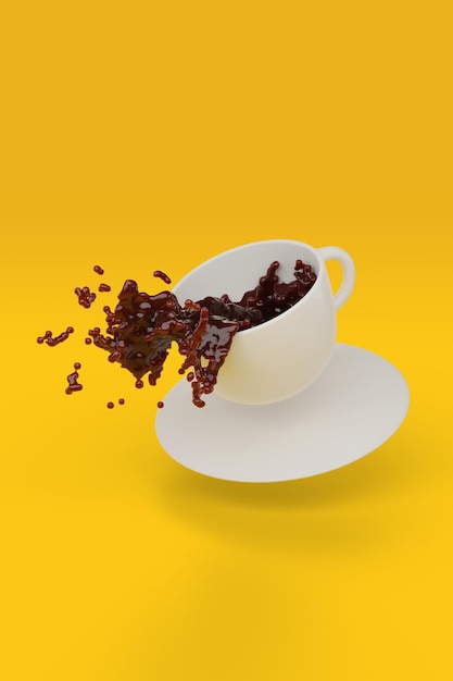 Coffee spilling out of a mug isolated on yellow background 3d illustration