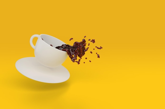 Coffee spilling out of a mug with copy space 3d illustration