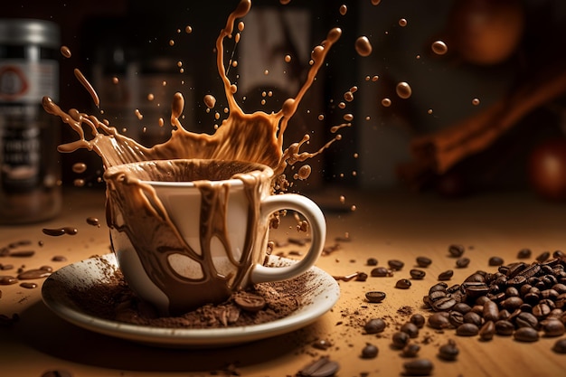 Coffee Splash Cup and Beans on Table