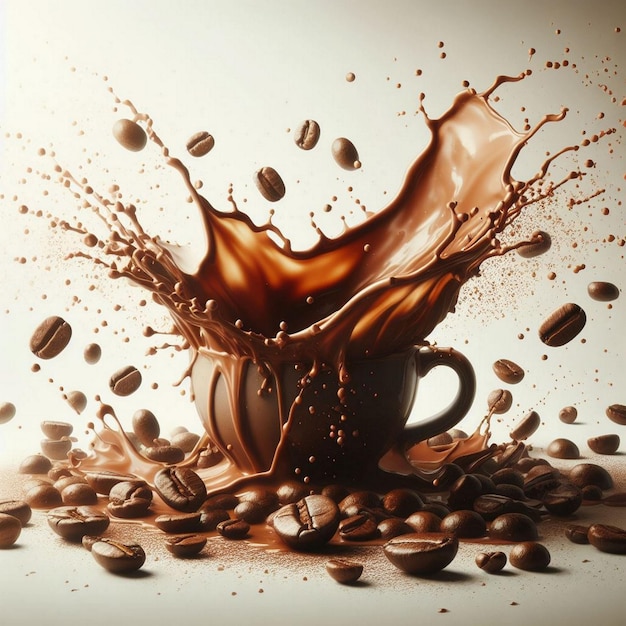 Coffee splash with coffee beans on white background