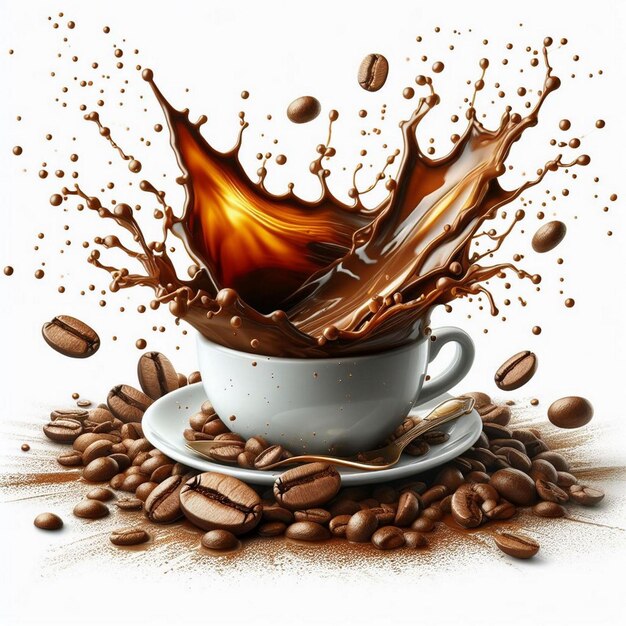 Coffee splash with coffee beans on white background