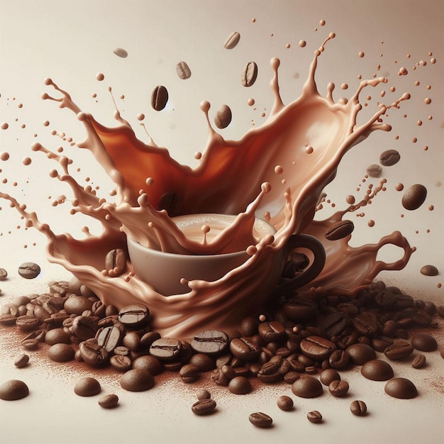 Coffee splash with coffee beans on white background