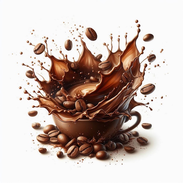 Coffee splash with coffee beans on white background