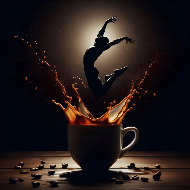 coffee splashing in human figure splashes like dancer jumping out of the cup in dark silhouette