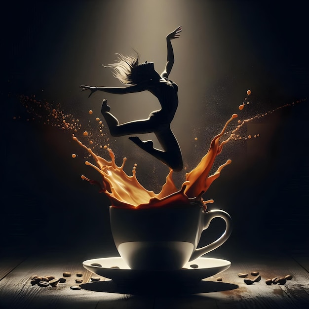 coffee splashing in human figure splashes like dancer jumping out of the cup in dark silhouette