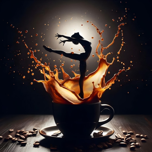 coffee splashing in human figure splashes like dancer jumping out of the cup in dark silhouette