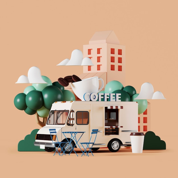 Coffee street truck with garden on beige background