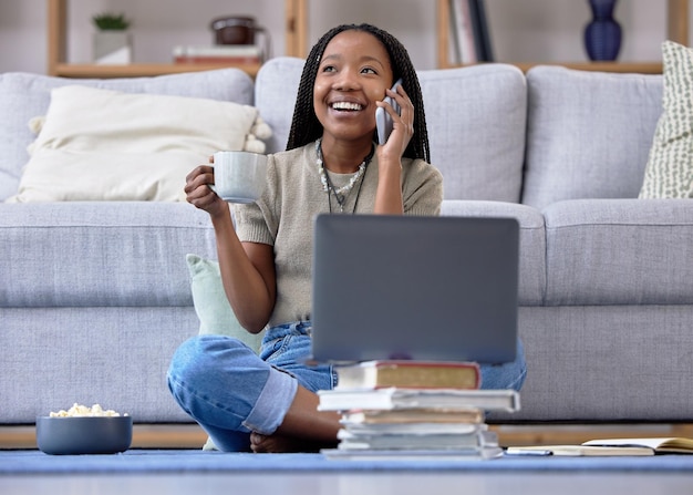 Coffee student and phone call for girl studying on laptop happy and relax while talking in her home Tea books and distance learning remote or homeschool for teenage female with online homework