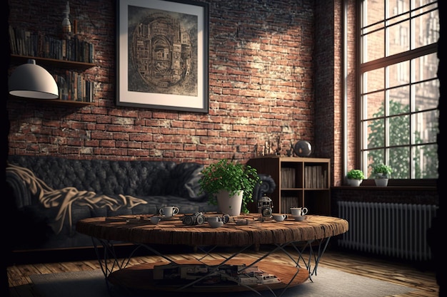 Coffee table and brick wall in a loft apartment