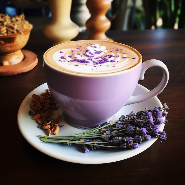 A coffee table decorated with lavender flowers with lavender petals sprinkled over a latte