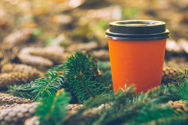 Coffee takeaway cups in an forest. Outdoor coffee. 