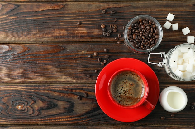 Coffee time accessories on wooden background