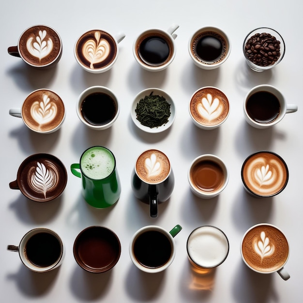 Photo coffee time aerial view of different types of coffee