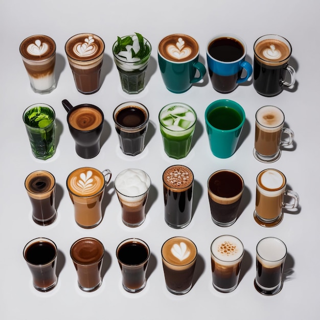 Photo coffee time aerial view of different types of coffee