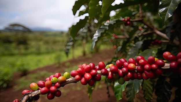 Coffee tree with red coffee beans on coffee plantation Generative AI