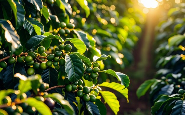 coffee trees on the plantation at sunrise