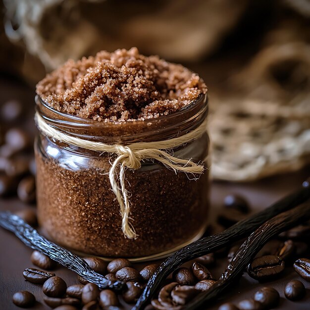 Photo coffee vanilla bean and brown sugar scrub in glass jar