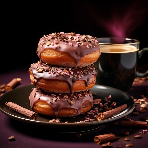 Coffee with donut on background