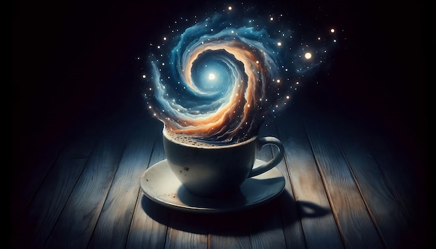 Coffee with Galaxy Swirl A white cup of coffee with a swirling galaxy