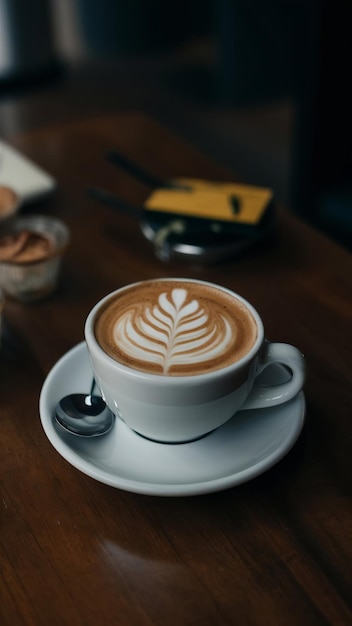 Coffee with latte art in a white ceramic cup on a table