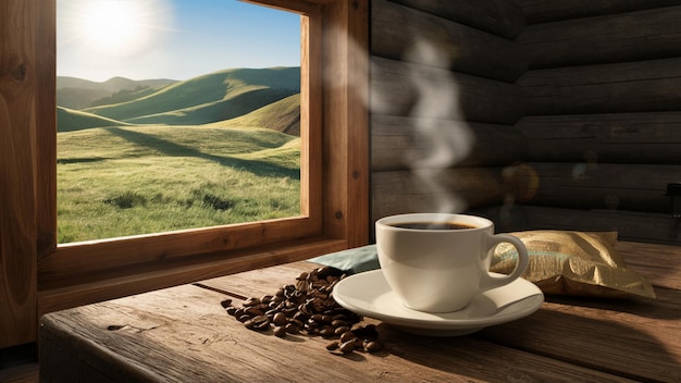 Coffee with a View Rolling Hills and Coffee Beans